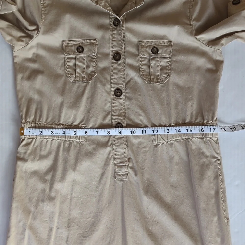 Ann Taylor Loft Khaki Safari Button Tab Sleeve Collared Dress SP Tan Pockets - Picture 13 of 16